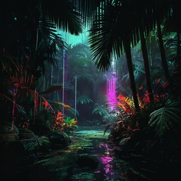 a jungle with a waterfall and a stream with a purple light in the background