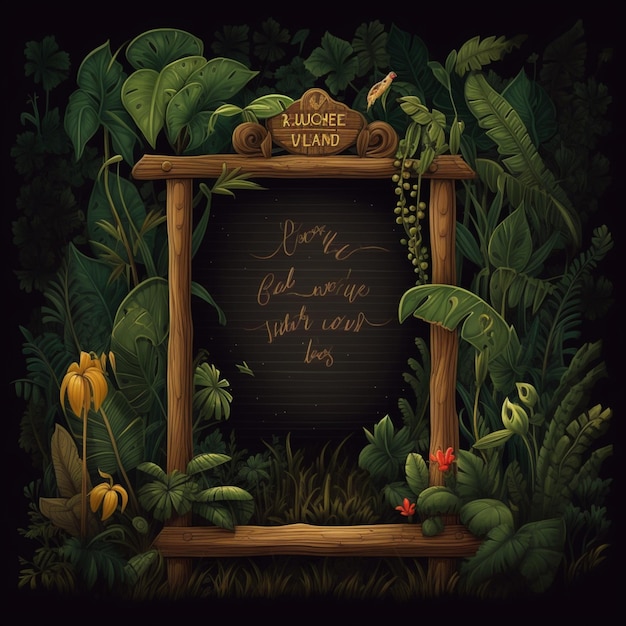 Jungle wooden border leaves black frame images AI Generated art