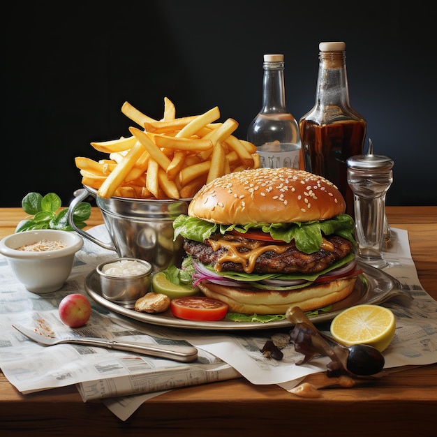 Junk Food Delight Photo Showcasing a Realistic Spread of Burger and French Fries Generative AI