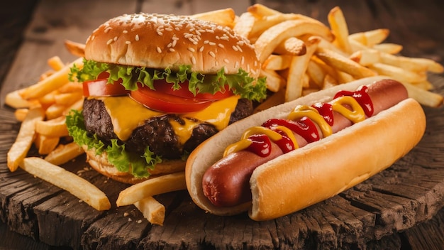 Photo junk food feast with burger hotdog and fries on rustic wood