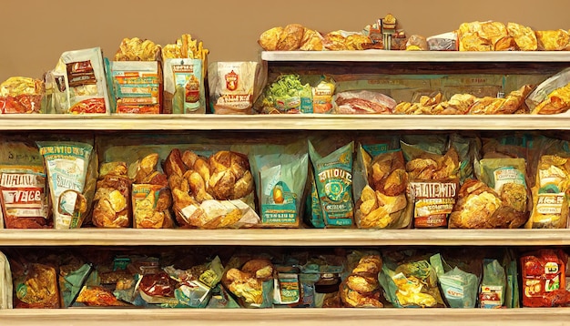 Junk food potato chips groceries in supermarket digital illustration