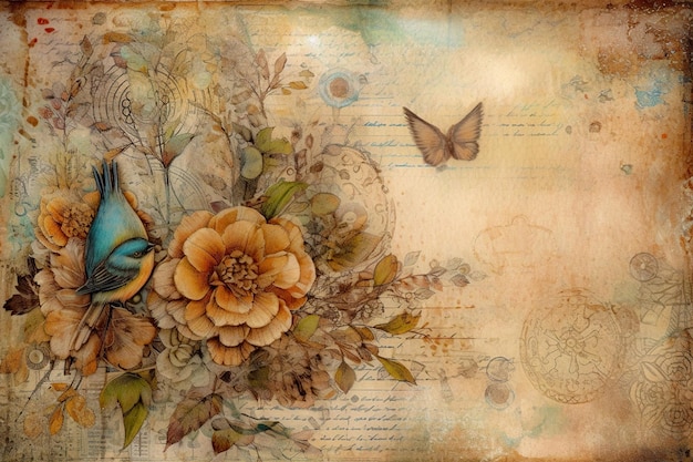 Junk Journal Paper Backgrounds Aged Floral Design for RetroStyled Cards and Pages