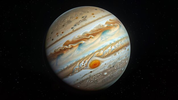 Photo jupiter the largest planet in our solar system with its distinctive swirling clouds and great red spot against a backdrop of stars