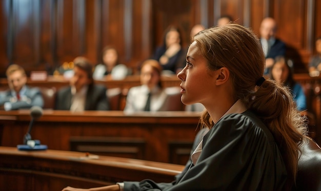 Photo jury in court with lawyers and judge board