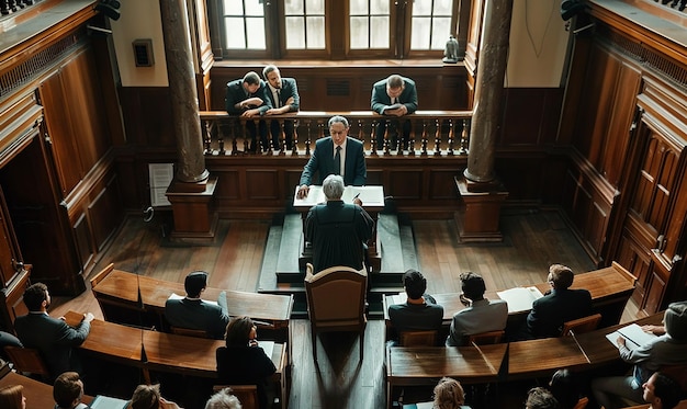 Photo jury in court with lawyers and judge board