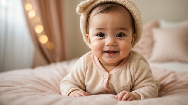 Just beautiful Cute smiling baby Cute 3 month old Baby girl infant on a bed on her belly with head up looking with her big eyes Warm fluffy biege clothes Closeup Three months old baby