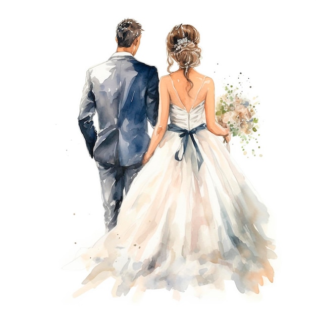 Just married couple with bouquet of flowers Elegant groom and bride handpainted illustration Watercolor art isolated on white background Template for wedding invitation save the date cards