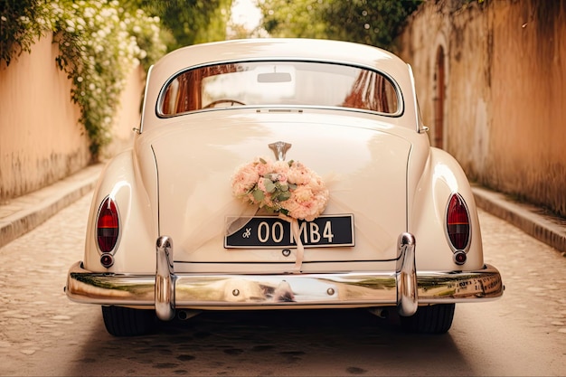 Just Married Vintage Car with Cans and Sign Beautiful Moment of Newlyweds in Antique Car after