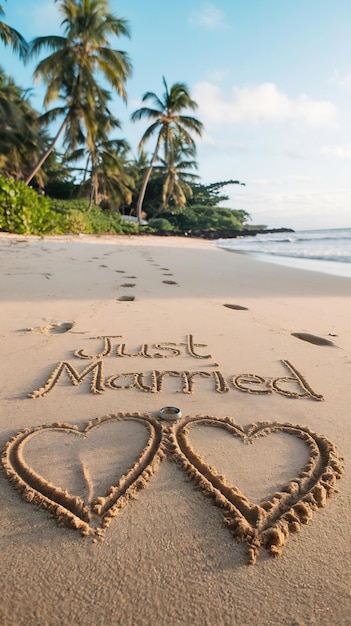 Just married written in the sand tropical beach honeymoon travel