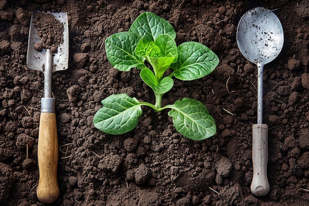 Just planted in the ground sprout and garden tools around sprout shovel fertilizer and watering can