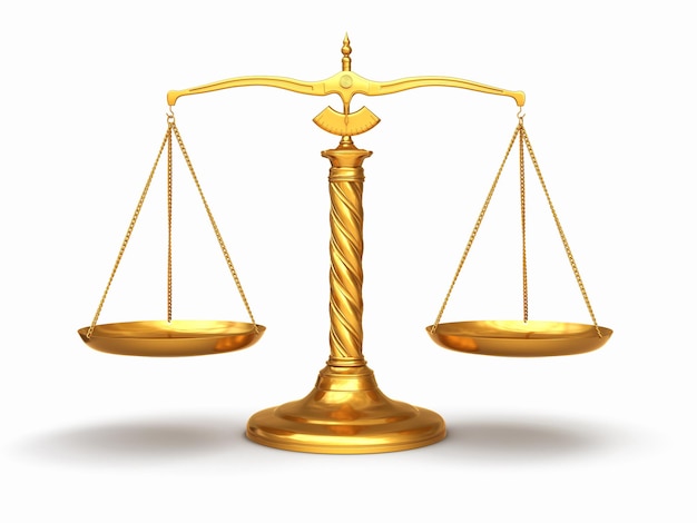 Justice concept. Gold scales on white isolated background. 3d