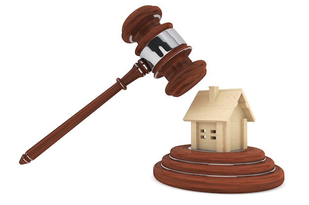 Justice Gavel with wooden House on a white background