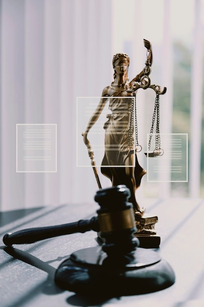 Justice and law conceptMale judge in a courtroom with the gavel working with computer and docking keyboard eyeglasses on table in morning light