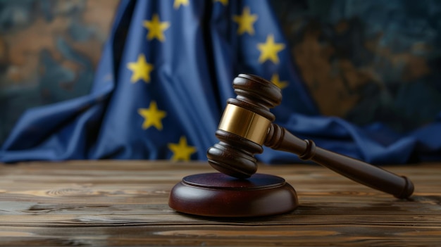 Photo justice represented by gavel and scales under eu flag