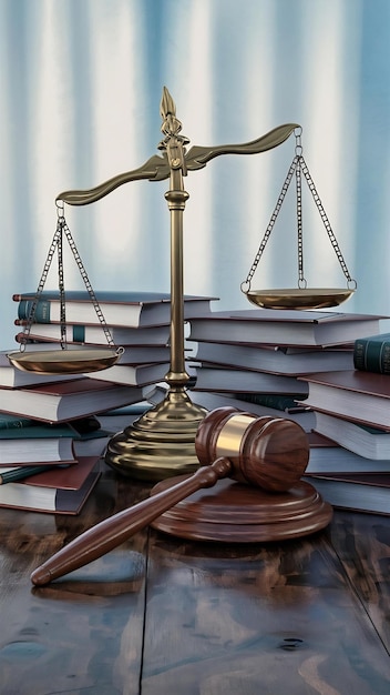 Justice scales and books and wooden gavel on table justice concept