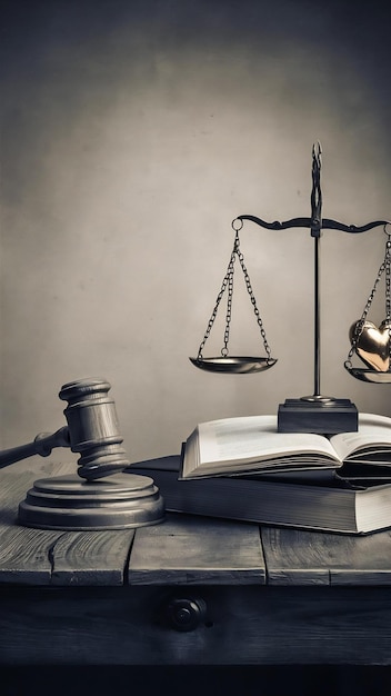 Justice scales and books and wooden gavel on table justice concept