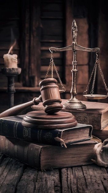 Justice scales and books and wooden gavel on table justice concept