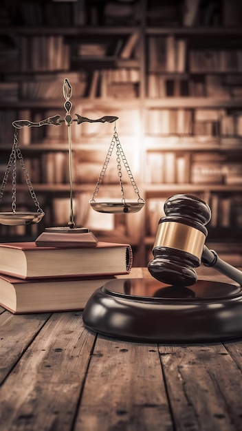 Justice scales and books and wooden gavel on table justice concept