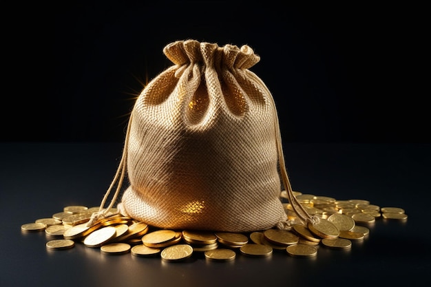 A jute drawstring bag with many golden coins on a dark background horizontal composition