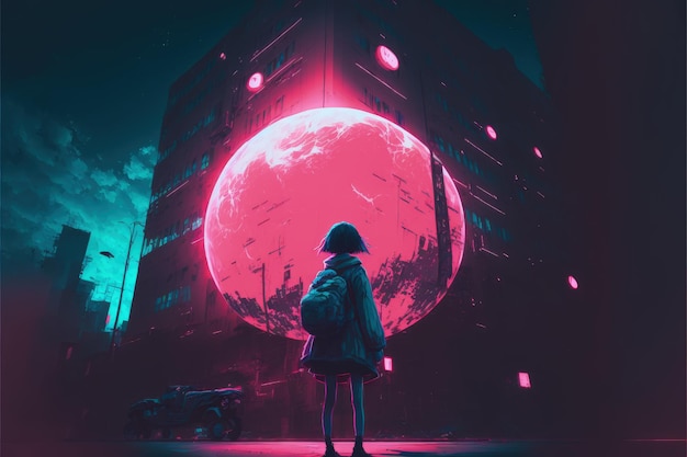 Juvenile female clutches iridescent orb while standing atop skyscraper within neon metropolis at night Fantasy concept Illustration painting Generative AI