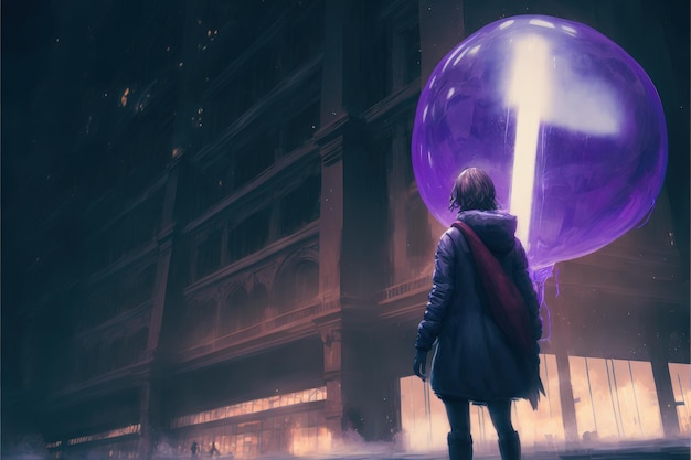 Juvenile female clutches iridescent orb while standing atop skyscraper within neon metropolis at night Fantasy concept Illustration painting Generative AI