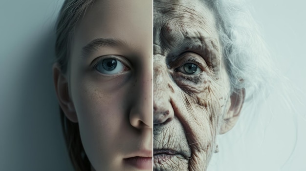 Photo a juxtaposition of youth and old age showing half of a young girls face merged with an elderly womans capturing the essence of lifes progression