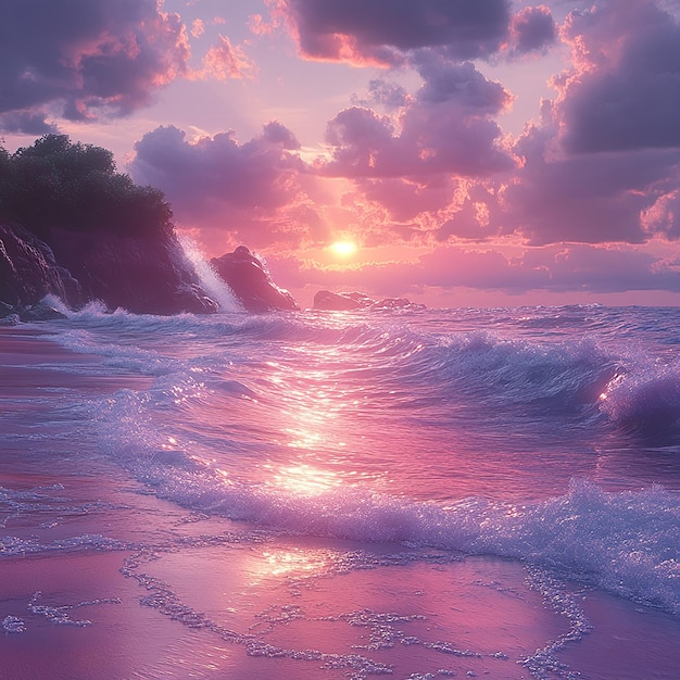 Photo k008 a pink and purple sunset a pink beach with white waves a photorealistic beautiful scene