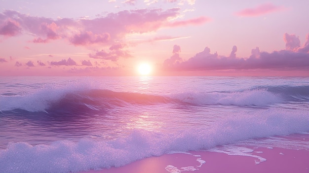 K008 A pink and purple sunset a pink beach with white waves a photorealistic beautiful scene