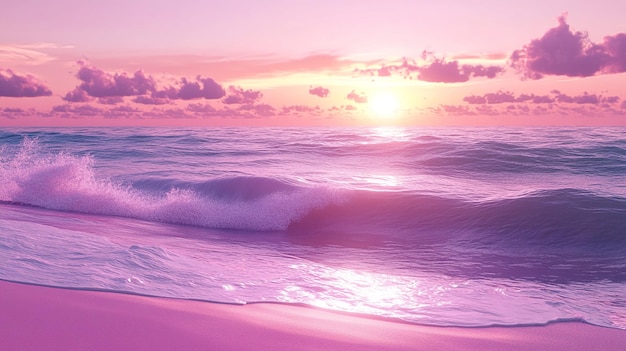 K008 A pink and purple sunset a pink beach with white waves a photorealistic beautiful scene