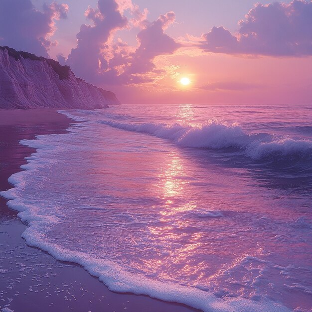 Photo k008 a pink and purple sunset a pink beach with white waves a photorealistic beautiful scene