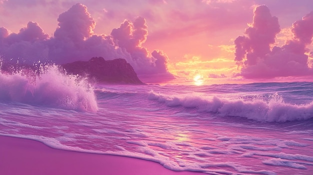 K008 A pink and purple sunset a pink beach with white waves a photorealistic beautiful scene