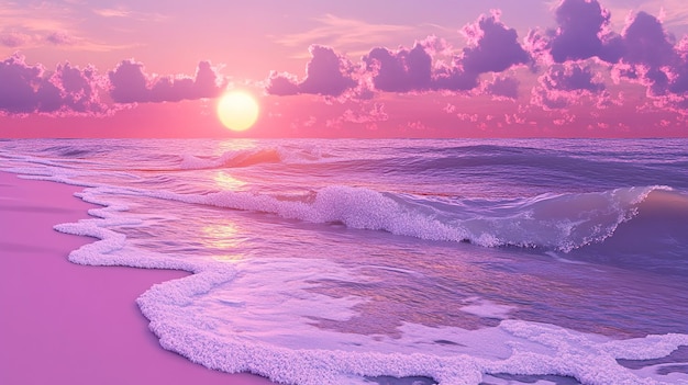 K008 A pink and purple sunset a pink beach with white waves a photorealistic beautiful scene