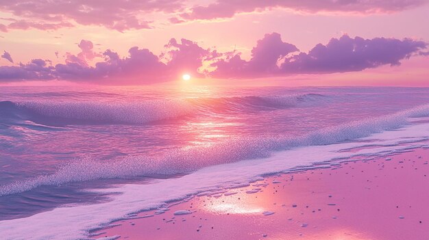 K008 A pink and purple sunset a pink beach with white waves a photorealistic beautiful scene