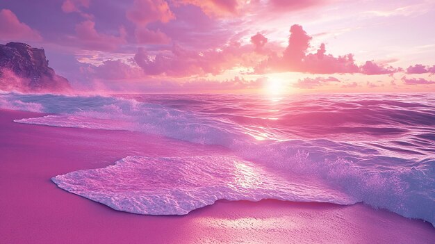 Photo k008 a pink and purple sunset a pink beach with white waves a photorealistic beautiful scene