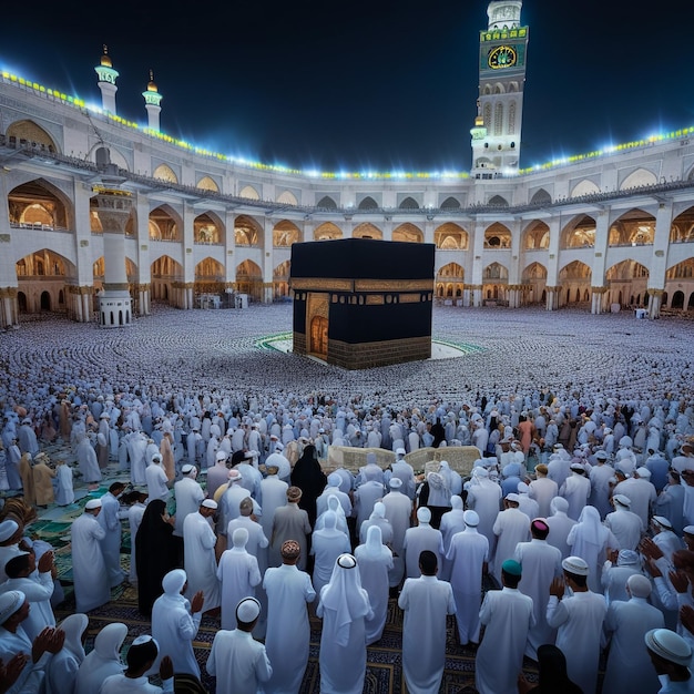 Kaaba in Makkah with crowd of Muslim people all over the world praying together