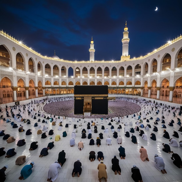 Kaaba in Makkah with crowd of Muslim people all over the world praying together