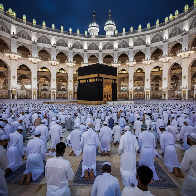 Kaaba in Makkah with crowd of Muslim people all over the world praying together