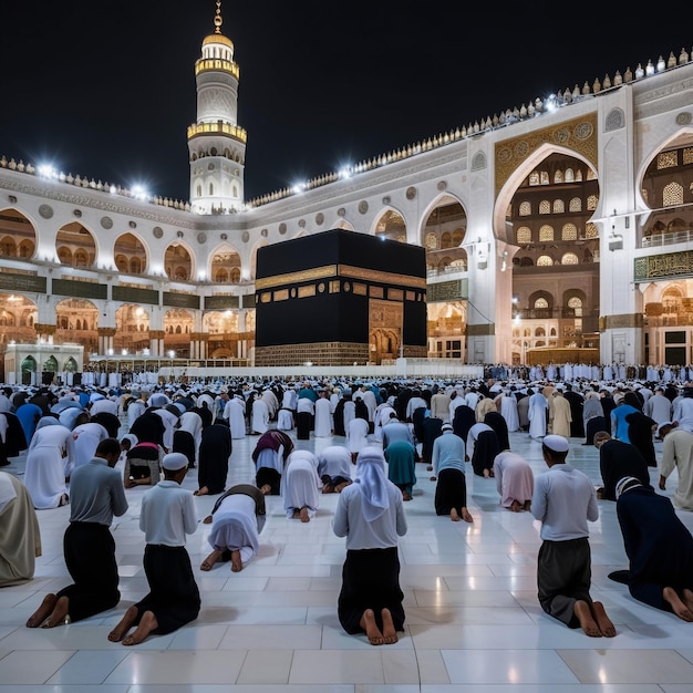 Kaaba in Makkah with crowd of Muslim people all over the world praying together