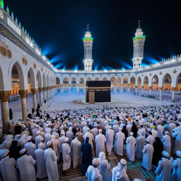 Kaaba in Makkah with crowd of Muslim people all over the world praying together