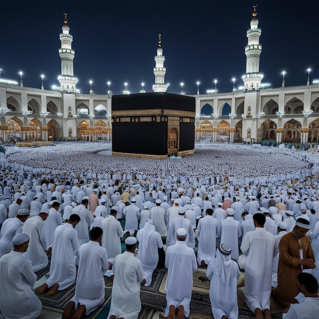 Kaaba in Makkah with crowd of Muslim people all over the world praying together