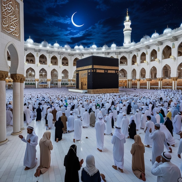 Kaaba in Makkah with crowd of Muslim people all over the world praying together