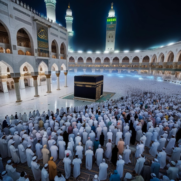 Kaaba in Makkah with crowd of Muslim people all over the world praying together