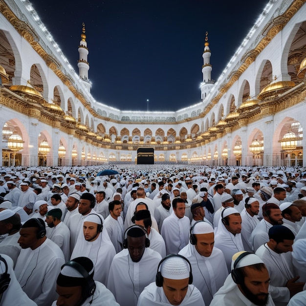 Kaaba in Makkah with crowd of Muslim people all over the world praying together