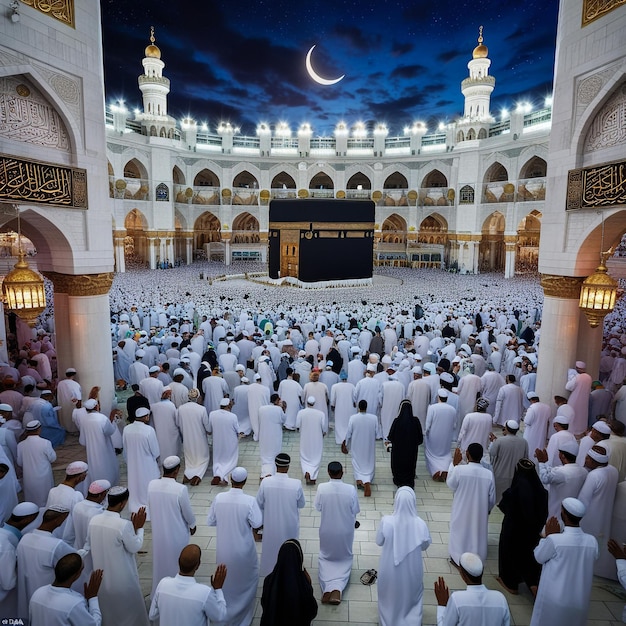 Kaaba in Makkah with crowd of Muslim people all over the world praying together