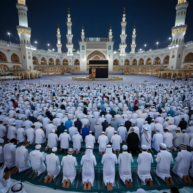 Kaaba in Makkah with crowd of Muslim people all over the world praying together