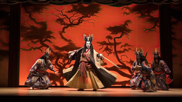 Kabuki theater performance with various themed costumes and outfits depicting samurai legends Japanese aesthetics creativity performance makeup Generative artificial intelligence