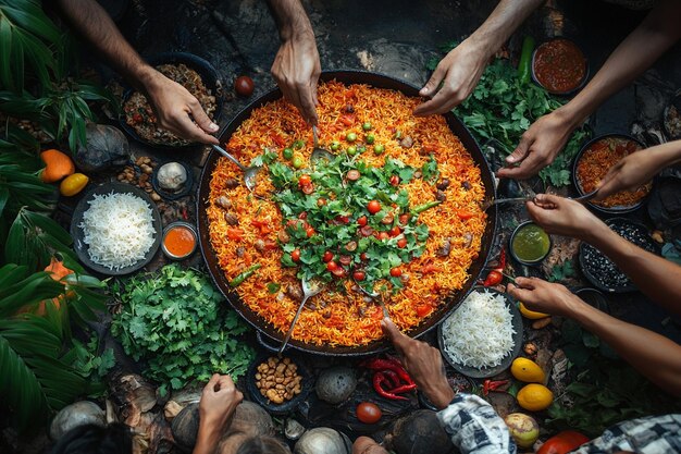 Photo kacchi biryani being shared among friends at a picnic