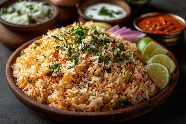 Photo kacchi biryani served in a thali with a variety of side dishes