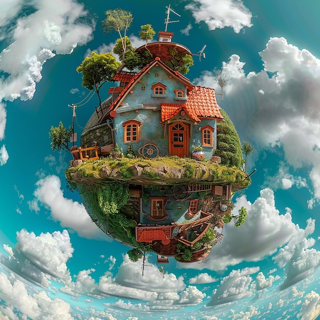 Photo kaios planet from dragon ball floating in the sky featuring a normal house on top and another hous