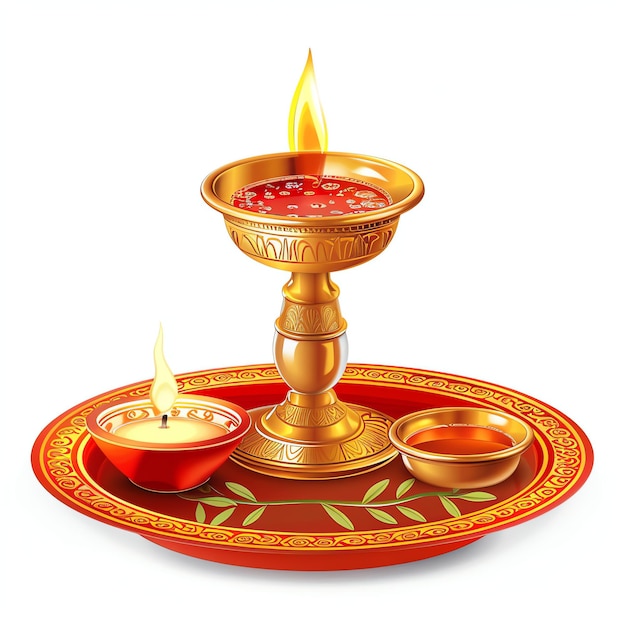 Kalash traditional pachadi diya oil lamp and pooja thali tray indian illustration realistic